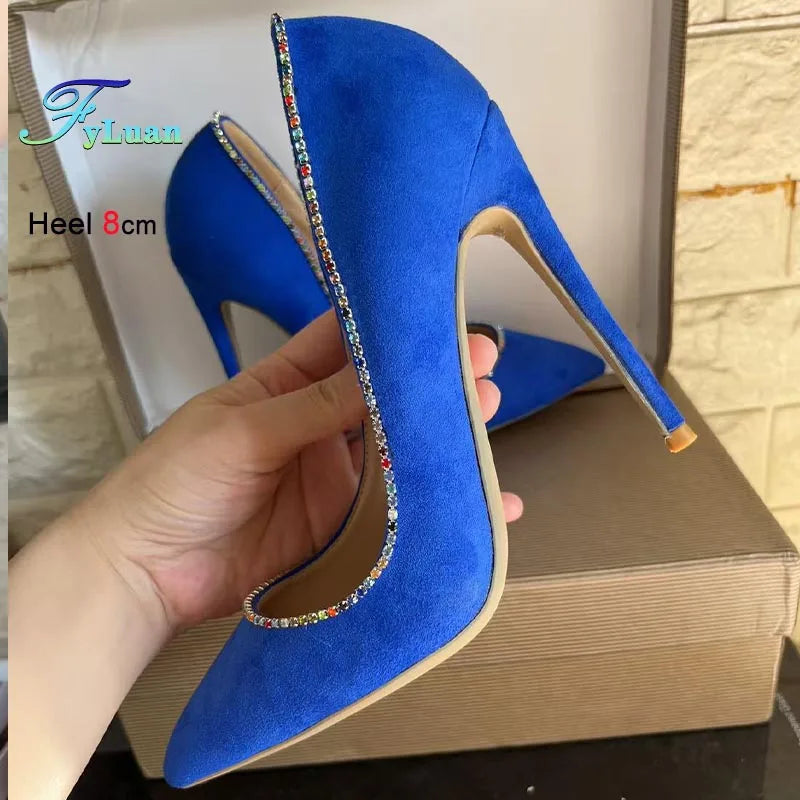 New Style Fashion Women Pumps Blues Suede Rhinestone Shallow Mouth High Heels Single Shoes Pointy Toe Stiletto Party Lady Shoes