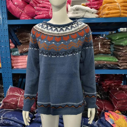 2025 Spring Knitted Women Sweater Print O-neck Long Sleeve Casual Loose Sweaters Female Winter Elegant Trendy Ladies Clothes