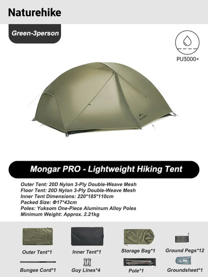 Naturehike Mongar Tent Camping Tent 2 Person Ultralight Professional Waterproof & Windproof Backpack Tent 20D Nylon Travel Tent