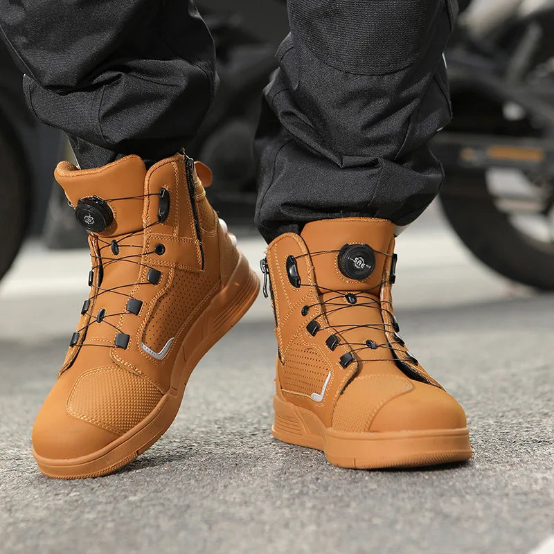 Leather Motorcycle Men's Genuine Moto Protective Ankle Short Boots Motocross Breathable Anti Drop Riding Travel Racing Shoes