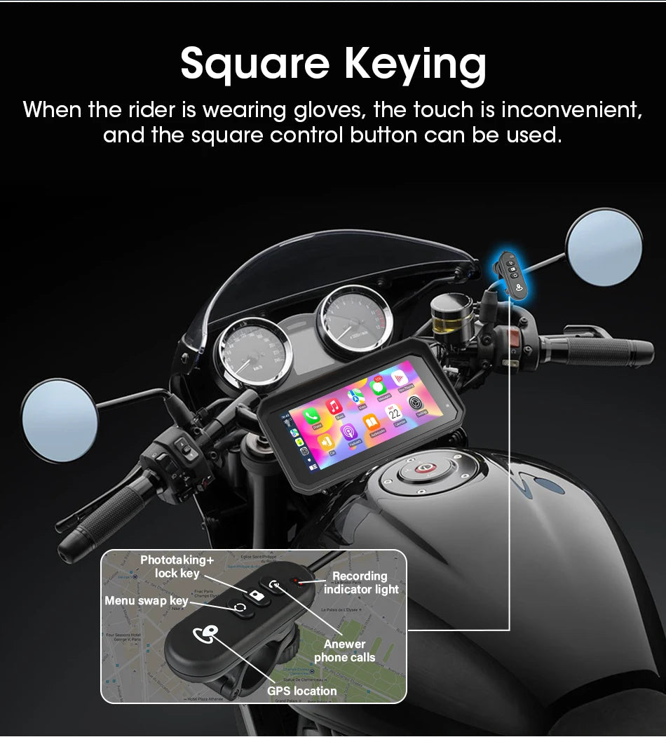 JMCQ Portable 6.25 inch Motorcycle GPS Navigation IPX7 Waterproof Wireless CarPlay Android Auto Drive Recorder Support 4K DVR