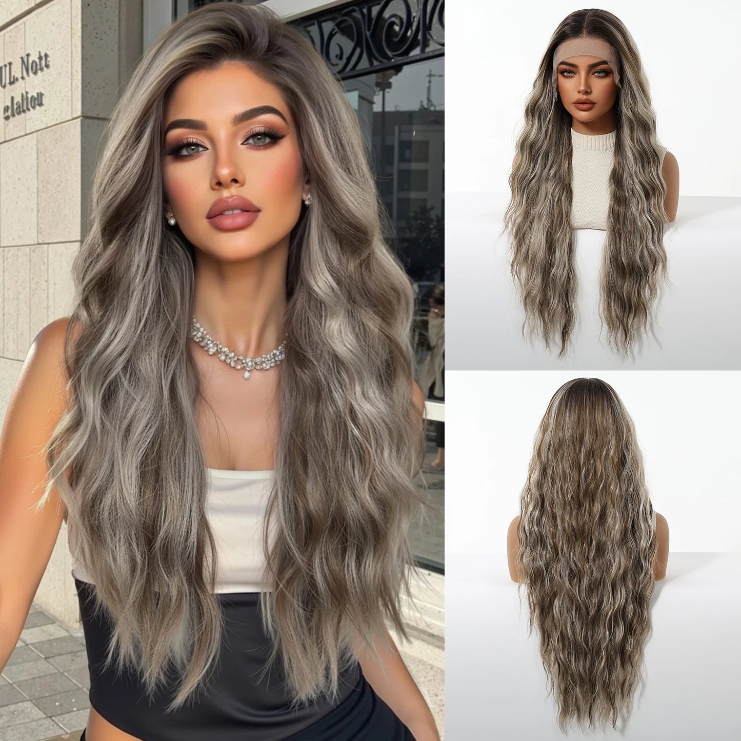 EASIHAIR Long Wavy HD Lace Front Synthetic Wigs for Women Natural Wave Blonde Wigs With Dark Roots 13*6 Lace Wigs Heat Resistant