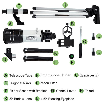 150X Astronomical Telescope , 70mm Aperture Refractor Portable Travel Telescope with Phone Adapter &Wireless Remote