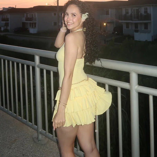 Vacation Halter Mini Dress For Women Solid High Waist Puffy Dress Ruffled Splice Fashion Sexy Slim Dress 2025 Summer New