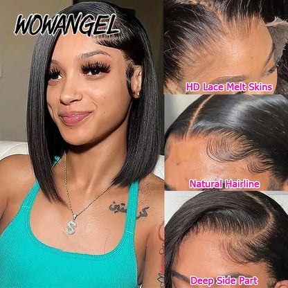 Wow Angel 13x6 HD Lace Front Wigs Short Bob Straight Lace Frontal Human Hair Wigs Pre Plucked Lace Melted Brazilian For Women