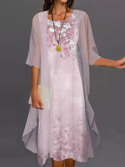 Fashion Women Chiffon Summer Sleeveless O-Neck Print Loose Party Dresses +Cardigan Shawl Elegant Casual Lady Two Piece Set Dress