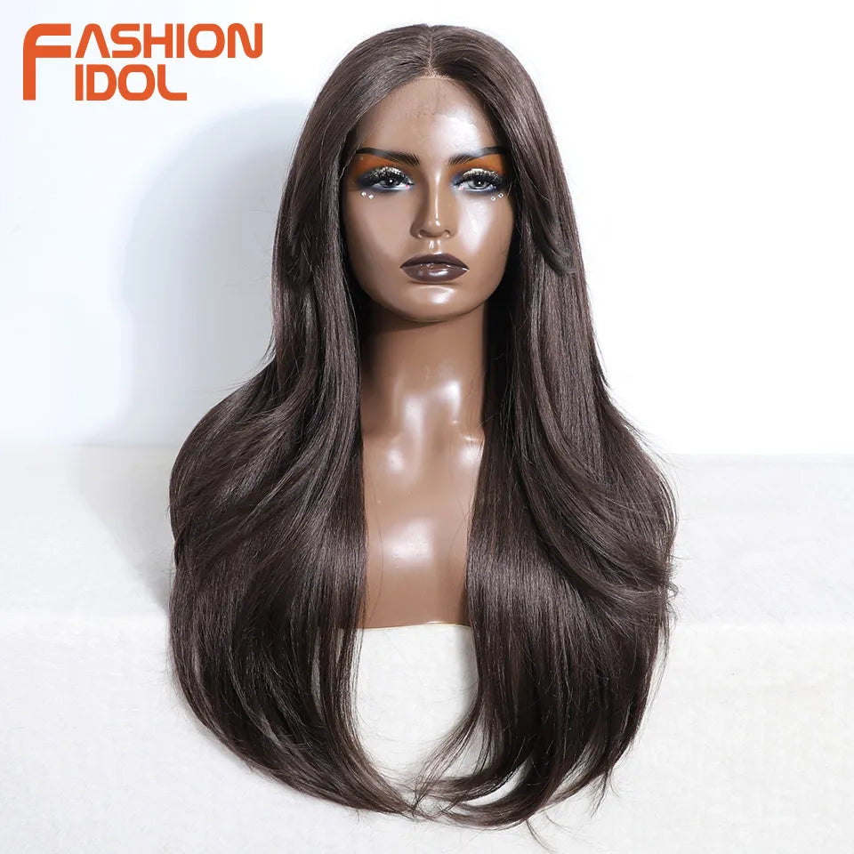 FASHION IDOL 26 Inch Long Straight Lace Front Wig With Bangs Synthetic Hair Ombre Black Blonde Highlight Cosplay Wigs For Women
