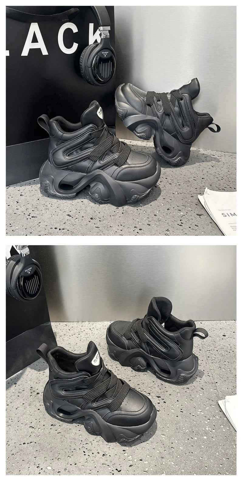 Chunky Platform Hidden Height Increasing Sneakers Casual Lace Up Shoes In White And Grey With Hollow Out Design For Streetwear