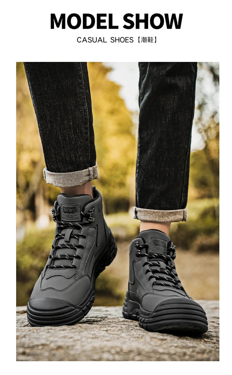 Original Black Leather Ankle Boots For Men Outdoor Non-slip Work Boots Men's Motorcycle Boots Platform High Top Bikers Shoes Man
