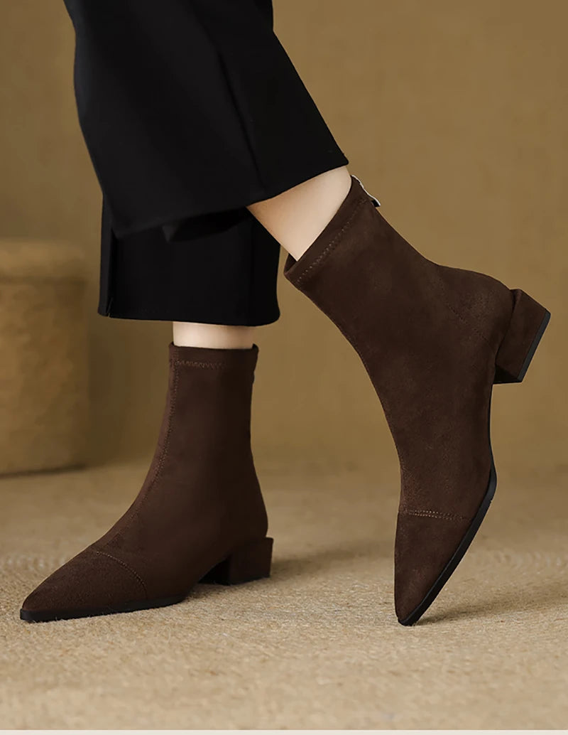 Autumn Vintage Suede Women Ankle Boots Ladies Concise Pointed Toe Thick Heel Short Botas Zapatos De Mujer