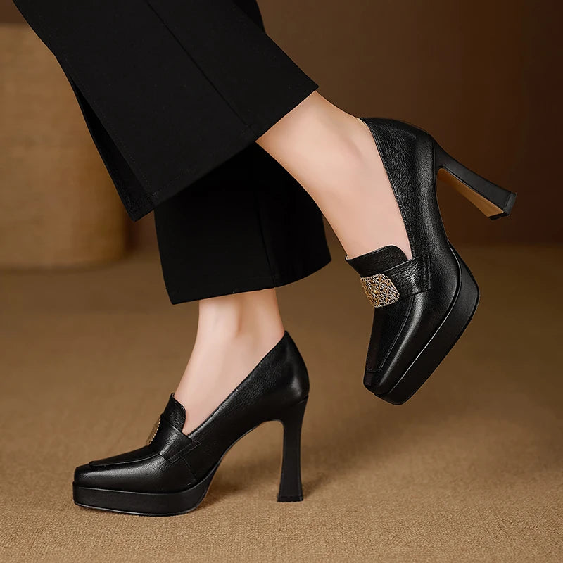 【JOCHEBED HU】Brand Genuine Leather Platform Shoes for Ladies Square Toes Women's Sewing Lines High Heels Leather
