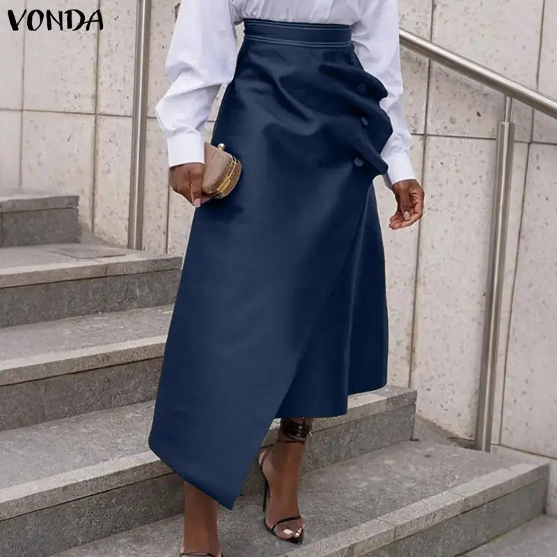 VONDA Plus Size 5XL Elegant Women Satin Skirts High Waist Button Pleated Asymmetrical Maxi Jupes Fashion Solid Long Faldas Saia