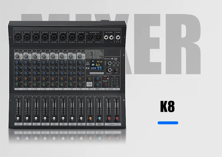 8/12 Channel Digital Mixer Audio Console 100 DSP Effects Bluetooth USB MP3 DJ Reverberation Sound Mixing Console