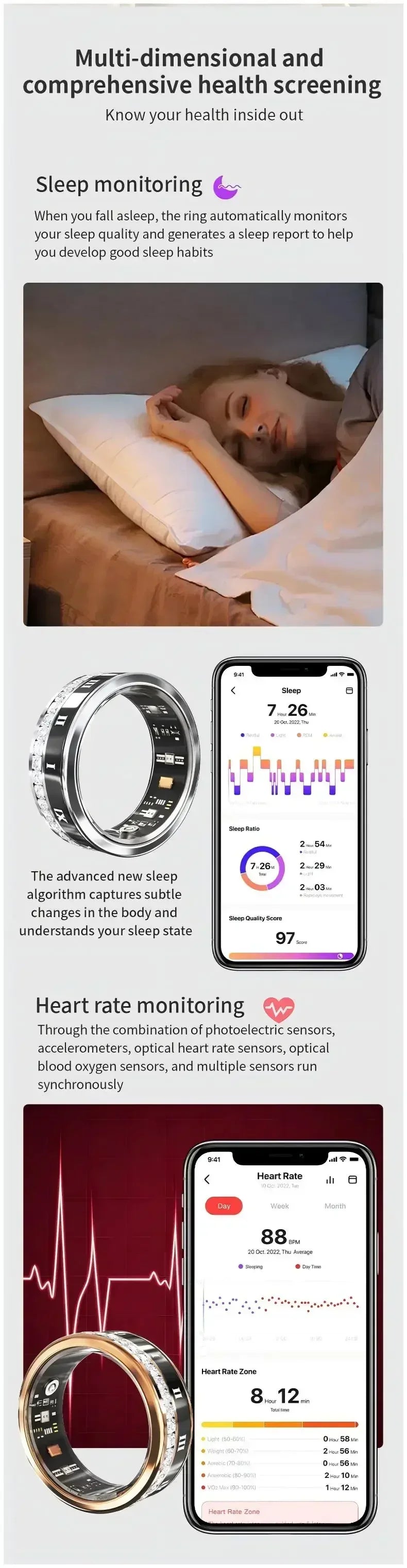 Diamond Smart Ring for Men Women Heart Rate Blood Oxygen Sleep monitoring IP68 Waterproof Sport Modes Ring For Android IOS