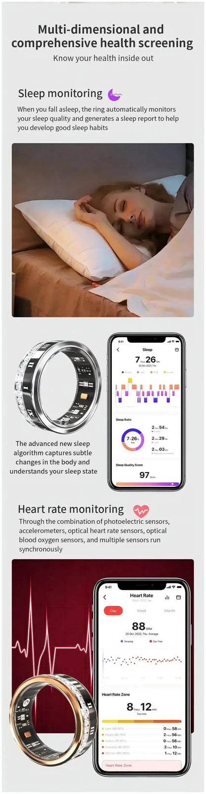 Diamond Smart Ring for Men Women Heart Rate Blood Oxygen Sleep monitoring IP68 Waterproof Sport Modes Ring For Android IOS