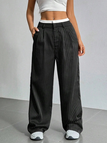Fashion Pants Women's Stripe Straight Pants 2024 Autumn Winter High Waisted Casual Suit Pants Office Lady Women Trousers Bottoms