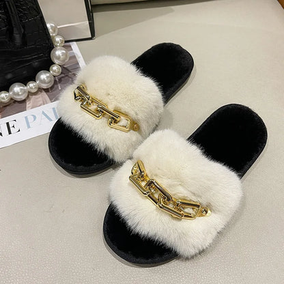 Fluffy Women's Slippers Home Winter Chain Luxury Designer Woman Shoes Plush Indoor Casual Platform Fuzzy Fur Slides Elegant New