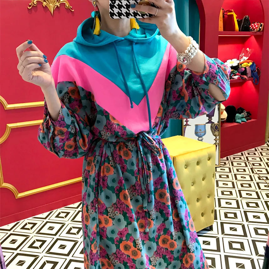 Chic Retro Floral Print Hooded Long Sweater Dr Women's High Waist Color Blo Waisand Casual Comfortable Autumn Dr