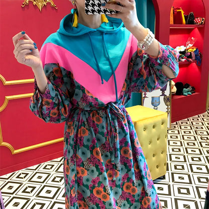Chic Retro Floral Print Hooded Long Sweater Dr Women's High Waist Color Blo Waisand Casual Comfortable Autumn Dr