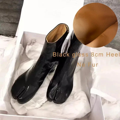 Luxury Brand Designer Tabi Split-toe Ankle Boots Women Genuine Leather Chunky Round Heel Short Boots 2024 Autumn Winter Shoes
