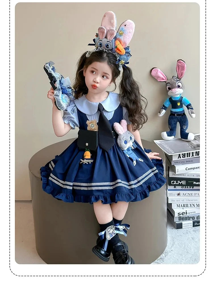 Girl Cosplay Judy Hopps Police Officer Dress Ear Sheriff Hat Bunny Costume Kids Dress Up Halloween Rabbit Disguise Dress Outfits