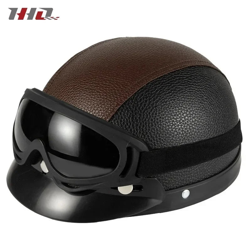 Retro Leather Half Helmet with Ear & Neck Protection - All-Season Cycling Safety Helmet