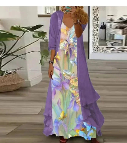 New 2025 Women's Floral Print Dress Two-Piece Set Inner Wear Polyester Fiber Short Sleeve Ankle-Length Regular Waistline