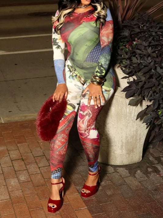 SsTss Elegant Printed Jumpsuit Women 2025 Autumn Fashion O Neck Long Sleeve Slim Stretchy Streetwear Casual One Piece Rompers