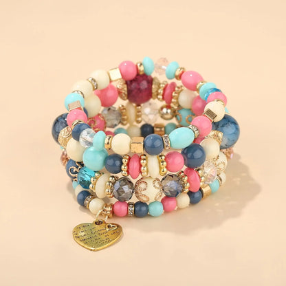 4Pcs Bohemia Acrylic Beaded Bracelet Set For Women Solid Heart Charm Elastic Chain Bangle Men Retro Daily Wear Jewelry Gift