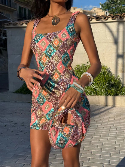 Mozision Multicolour Pattern Sequins Sexy Mini Dress Women Fashion Square Collar Sleeveless Backless Sparkle Club Party Dresses