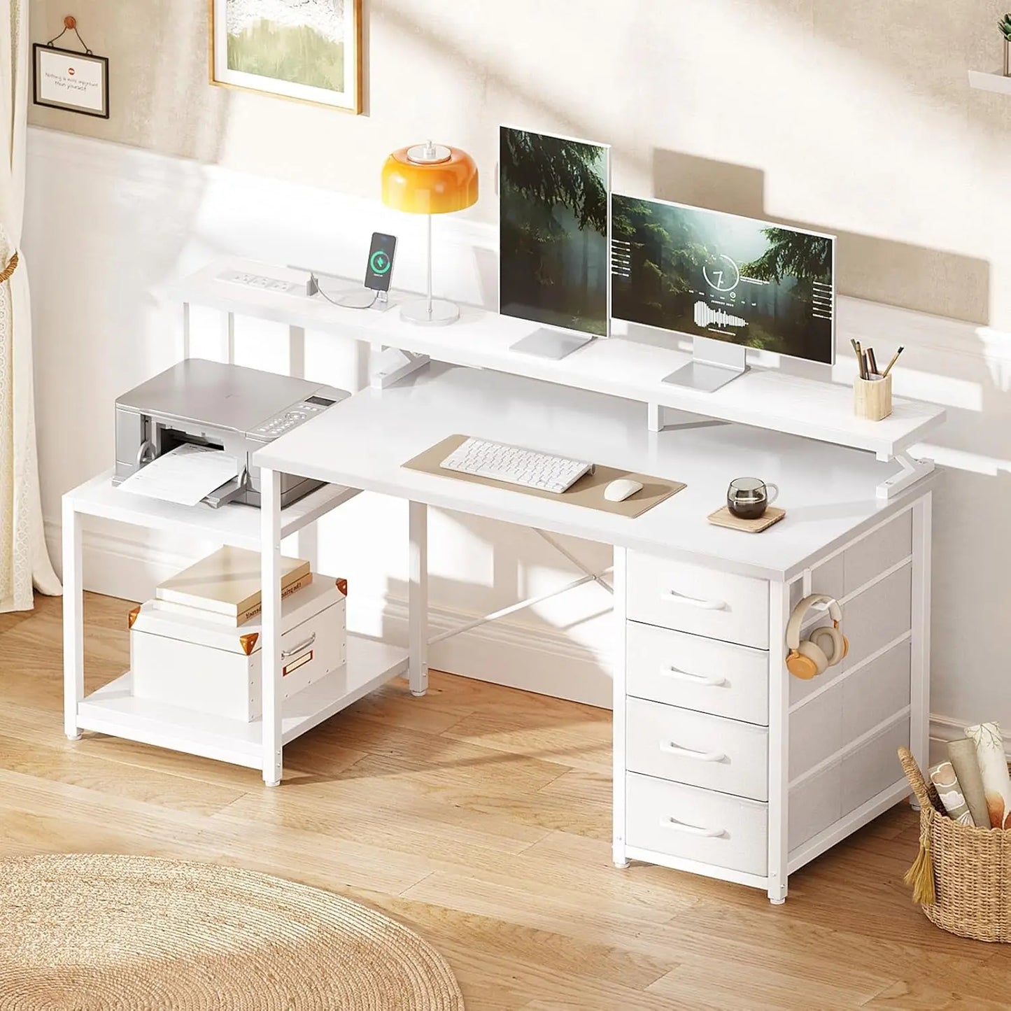 55 Inch Computer Desk with 4 Drawers, Office Desk with Power Outlets, Printer Shelf & Storage Shelves, Large, Customized