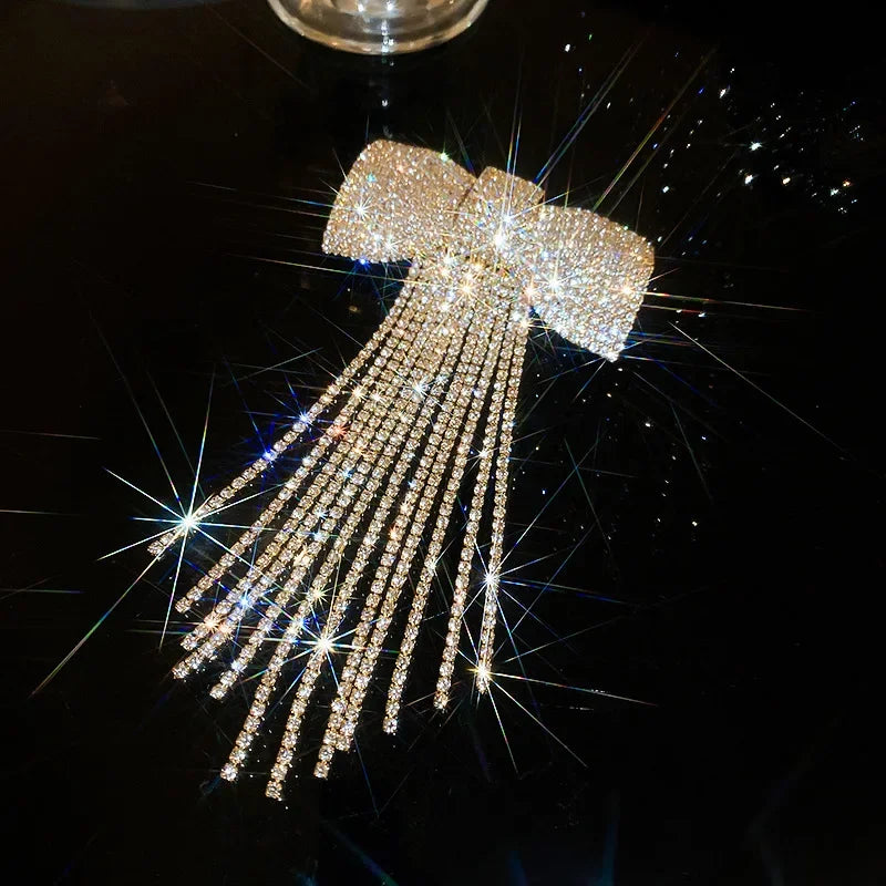 Rhinestone Bow Fringe Hairpin for Women Fashion Temperament Hair Clip Korean Light Luxury Hair Accessories Gold Silver Color
