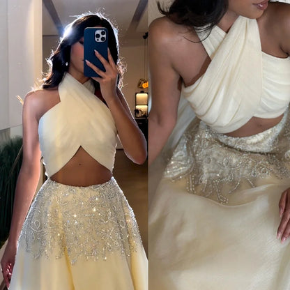 Customized Elegant Halter Ball Gown Sequin Organza Occasion Evening  Vestido De Noche Largo Elegante Con Pedrería