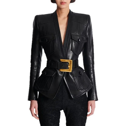 2025 new luxury and fashionable women's clothing belt slim fit leather jacket with multiple pockets motorcycle jacket jacket