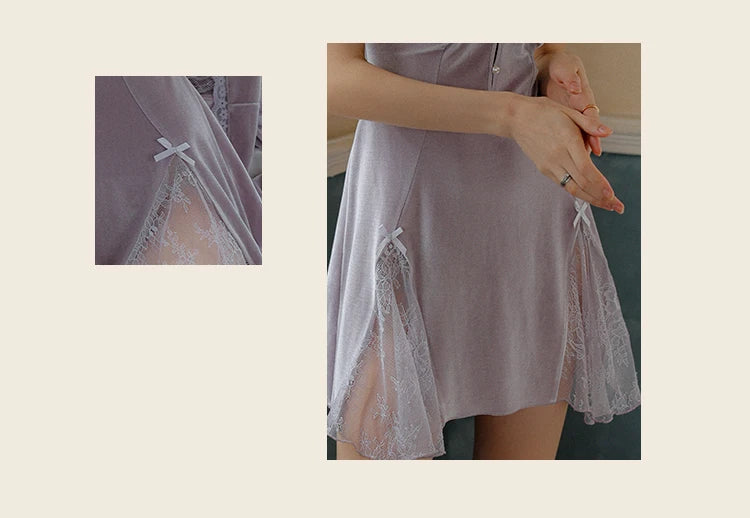 REBEYULI Sexy Sleepwear Women Deep V Solid Lace Velvet Mini Dress with Chest Pad Sweet Fly Sleeves Casual Robe Gown Set Women