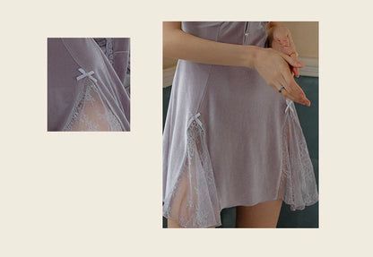 REBEYULI Sexy Sleepwear Women Deep V Solid Lace Velvet Mini Dress with Chest Pad Sweet Fly Sleeves Casual Robe Gown Set Women