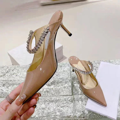 2025 New Fashionable Fine Heeled Muller Shoes with Pointed Water Diamond Chain Banquet Shallow Mouth Women's High Heel Sandals