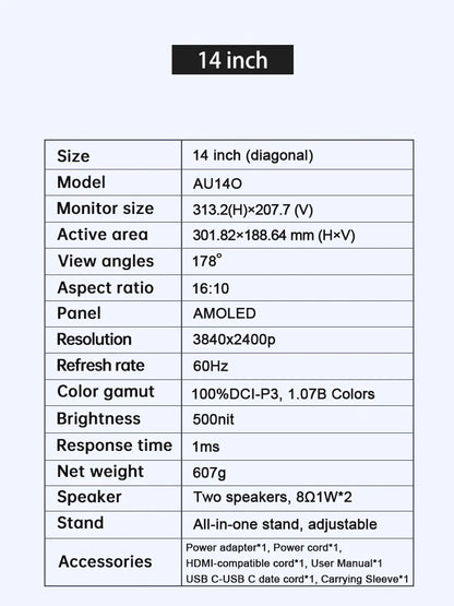 14'' 4K OLED Portable Monitor 16:10 3840*2400p 500Nits USB-C HDMI-Compatible External Gaming Monitor for PS5 Switch Laptop MacOS