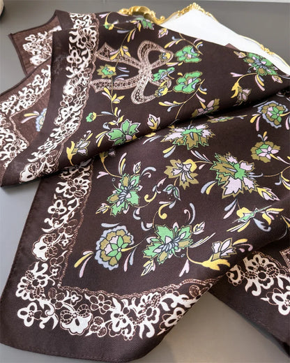 65*65cm Floral Print Small Cotton Feel Neck Ties Velvet Square Scarf for Women Soft Neckerchief Lady Hijab Female Hair Headbands