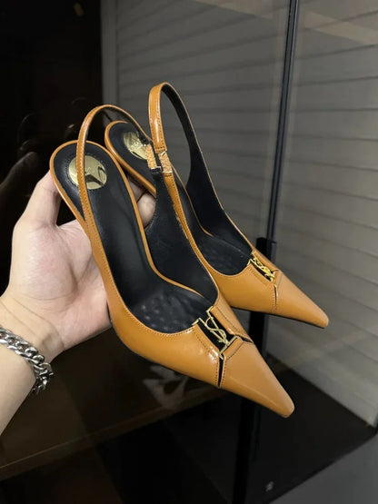 Pointed Toe Patent Leather Pumps Women Metal Decor Shallow Mouth Thin Heel Sandals Spring Summer Party Dress Shoes Single Shoes