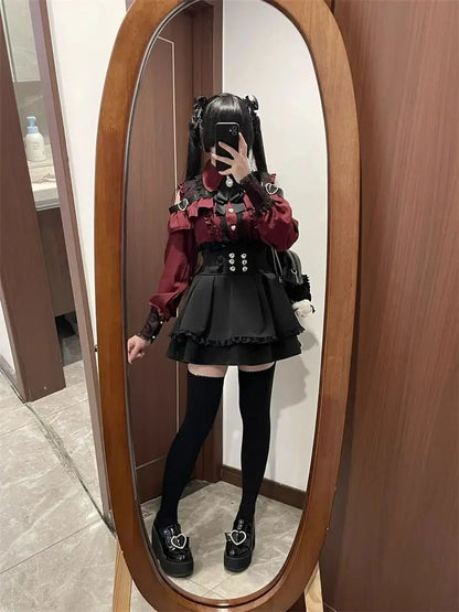 Gothic Women's Clothing Shirt Long Sleeve Lolita Blouse Japanese Bow Tie Sweet Cute Tops Design Streetwear Y2k Retro Blouse New