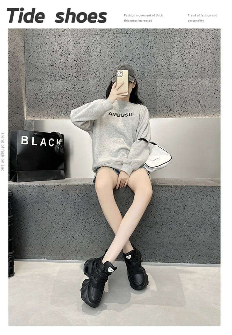 Chunky Platform Hidden Height Increasing Sneakers Casual Lace Up Shoes In White And Grey With Hollow Out Design For Streetwear