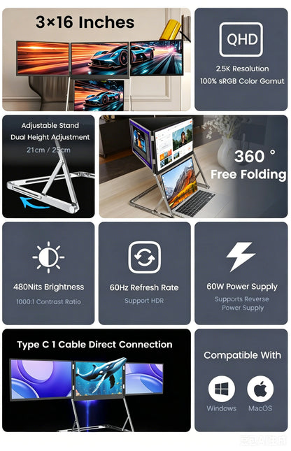 Sibolan 16" 2.5K Three Screen Portable Monitor 60Hz 100% sRGB Metal Body HDMI USB-C Plug Laptop Display Extender For Wins Mac OS