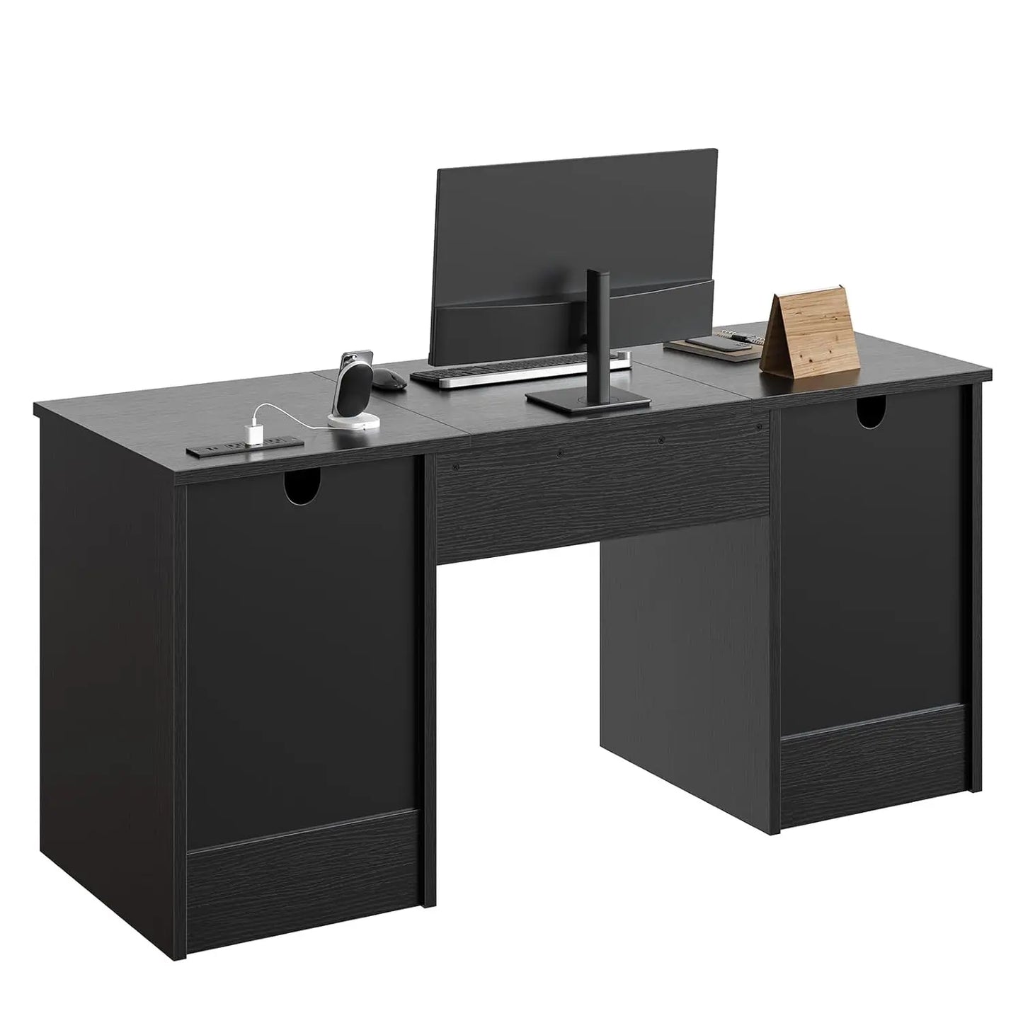 59” Office Desk with Lockable Drawers, Modern Computer Desk with File Drawer, Charging Station & Drop-Front, Customized