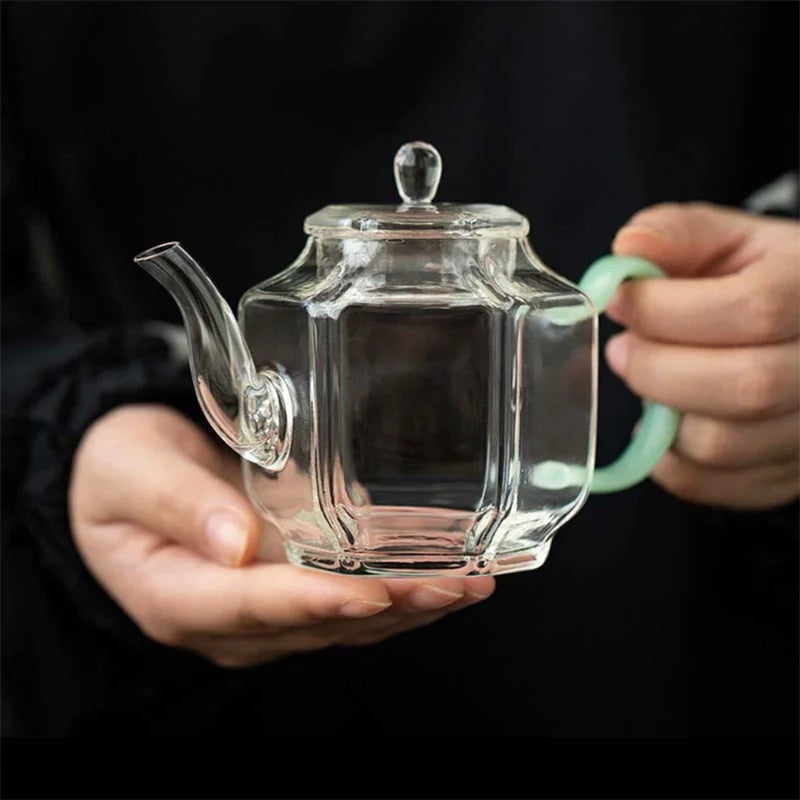 Hexagonal Imitation Jade Handle Glass Teapot Heat Resistant Small Capacity 210ml Boiling Flower Green Tea Pot Kung Fu Tea Set