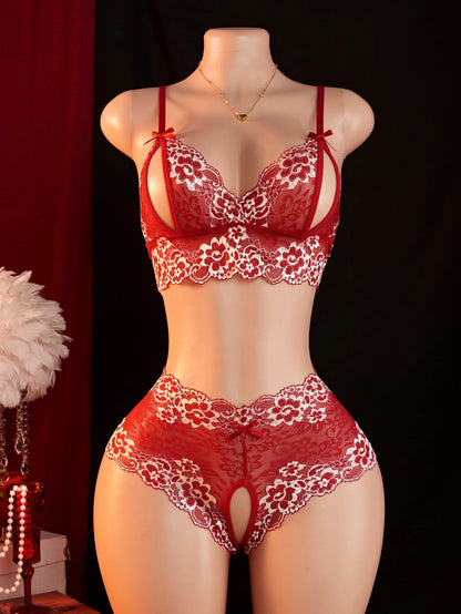 Pink Lace Open Brassiere Crotchless Panties Sexy Lingerie Female Sling Seductive Women's Fetish Transparent Underwear Sets
