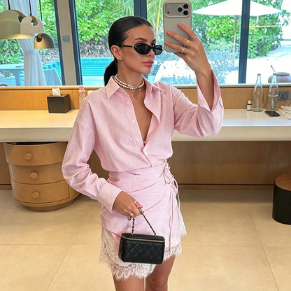 Striped Mini Dress Women Lapel Single Breasted Long Sleeves Lace Patchwork Waistband Robe Female 2026 Summer Beach Vacation Sets