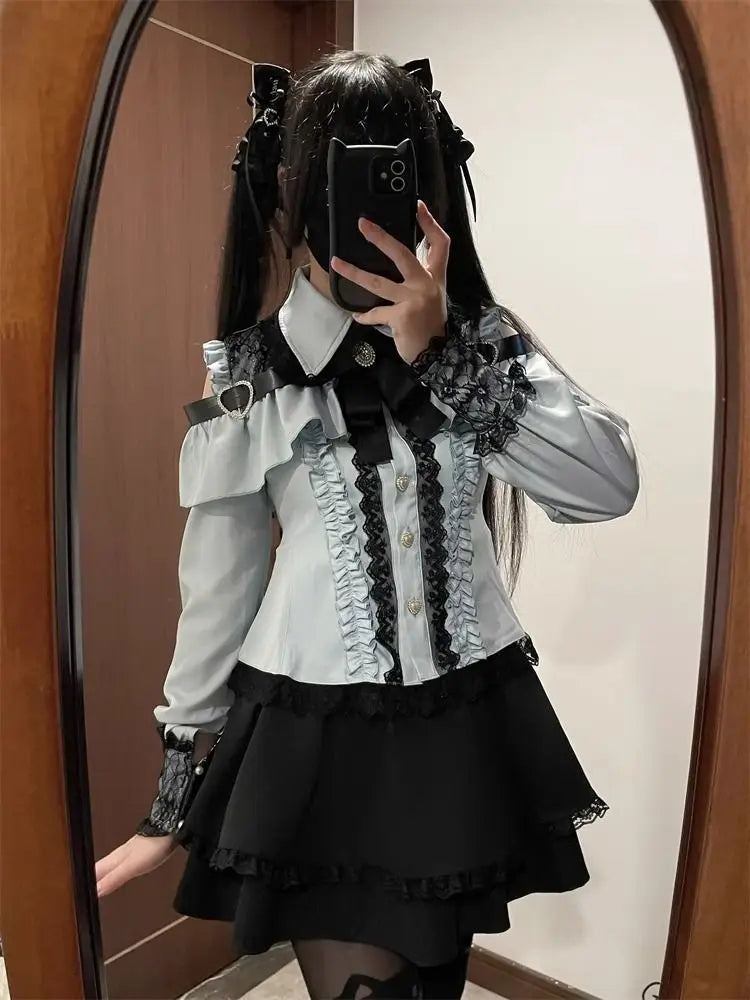 Gothic Women's Clothing Shirt Long Sleeve Lolita Blouse Japanese Bow Tie Sweet Cute Tops Design Streetwear Y2k Retro Blouse New