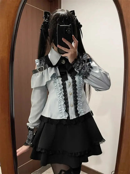 Gothic Women's Clothing Shirt Long Sleeve Lolita Blouse Japanese Bow Tie Sweet Cute Tops Design Streetwear Y2k Retro Blouse New
