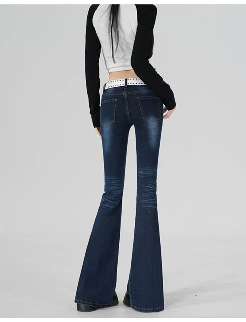 Stretch Flared Jeans Low Rised Pocket Denim Pants Women Y2K Casual Full-length Dark Blue Jeans Vintage 90S Jeans Female Trousers